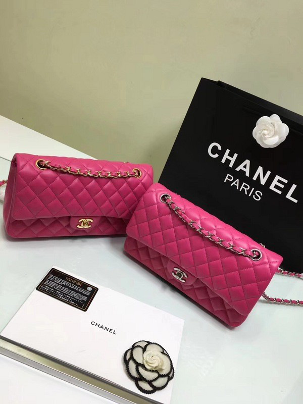 Ch**el classic flap bag rose red lambskin leather sliver&gold chain 25cm