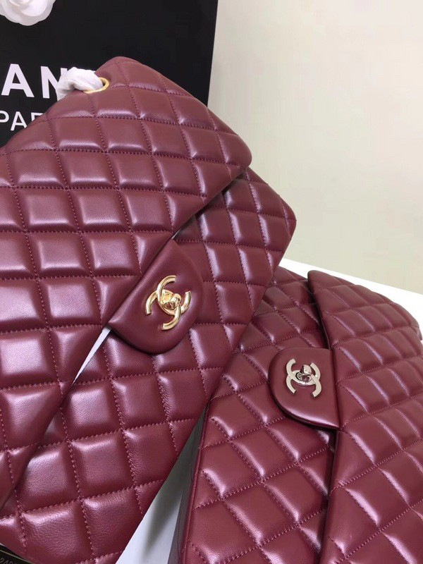 Ch**el classic flap bag wine red lambskin leather sliver&gold chain 30cm