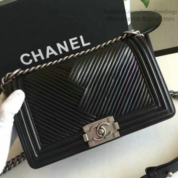 Ch**el medium chevron lambskin quilted boy bag black