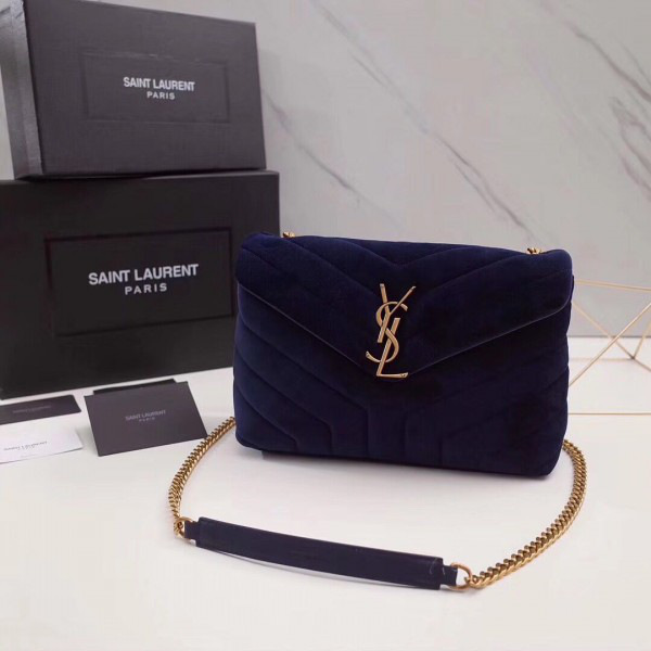 Y51 loulou monogram quilted velvet shoulder bag blue 4795  25cm*17cm*9cm