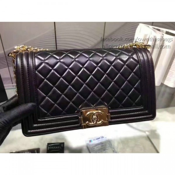 Ch**el quilted lambskin medium boy bag gold hardware black