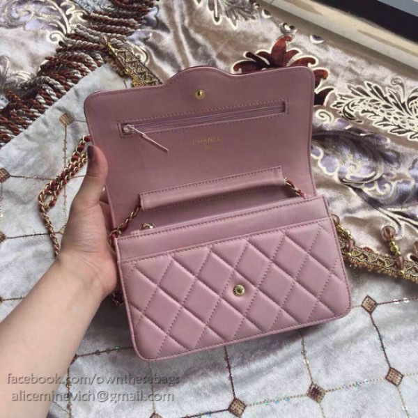 Ch**el lambskin mini chain wallet pink a81024 vs09425