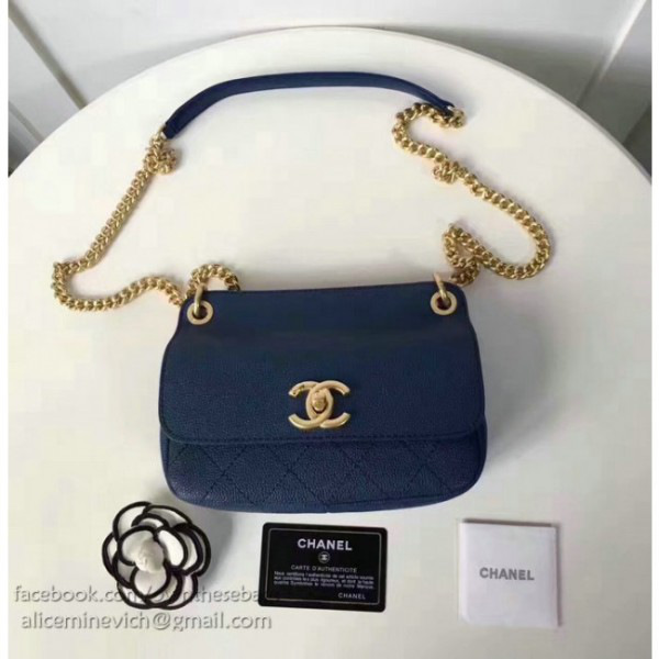 Ch**el grained calfskin mini top handle flap bag blue