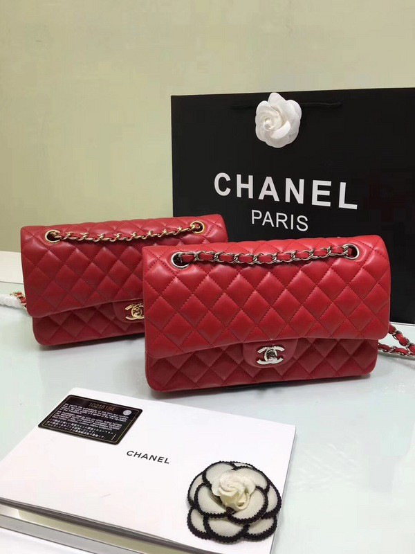 Ch**el classic flap bag red lambskin leather sliver&gold chain 25cm