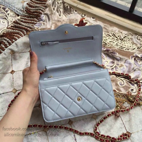 Ch**el lambskin mini chain wallet blue a81024 vs00744