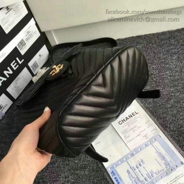 Ch**el chevron lambskin backpack black gold hardware