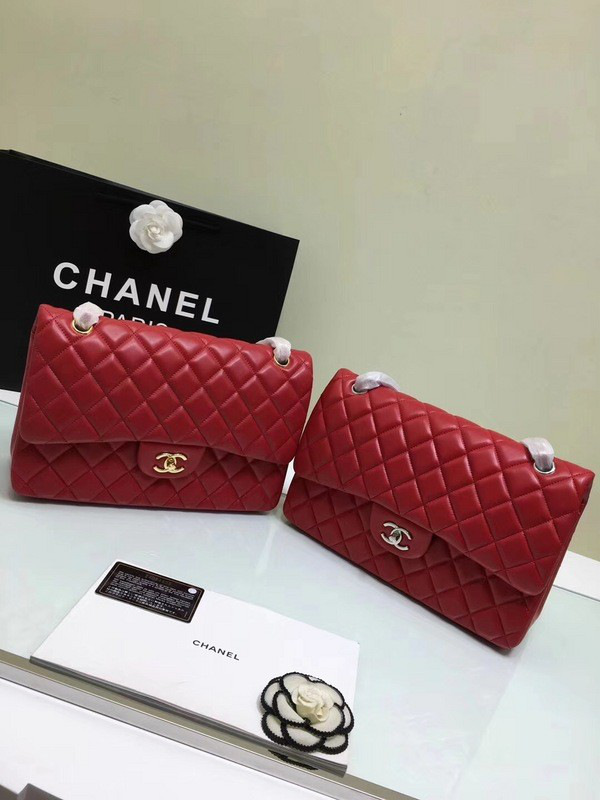 Ch**el classic flap bag red lambskin leather sliver&gold chain 30cm