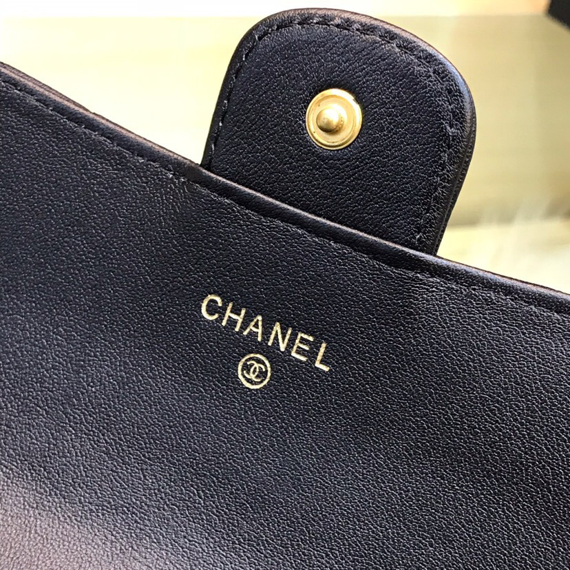 Ch**el long imported deer grain leather v-grain road wallet 80758 black 10.5*19.*3cm