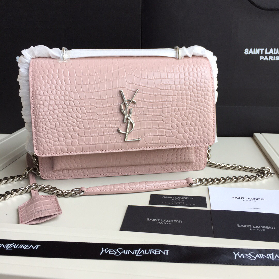 Y51 small crocodile silver chain front flap handbag pink 22*16*8cm