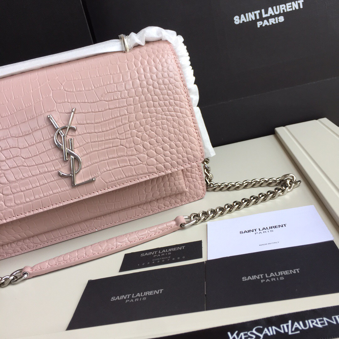 Y51 small crocodile silver chain front flap handbag pink 22*16*8cm