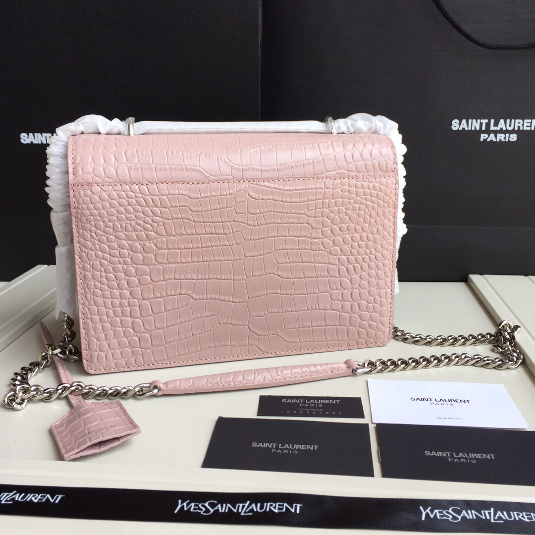 Y51 small crocodile silver chain front flap handbag pink 22*16*8cm