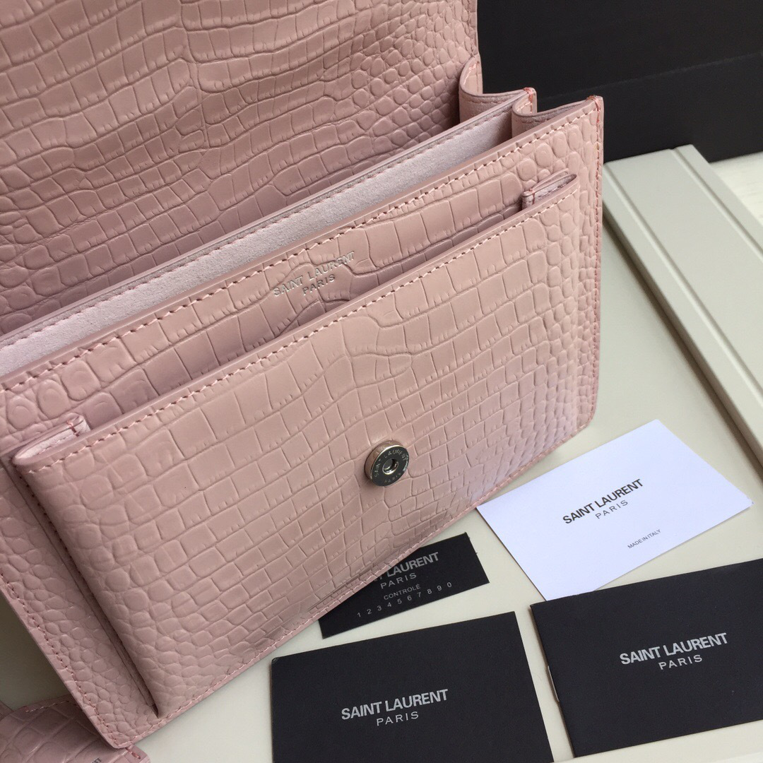 Y51 small crocodile silver chain front flap handbag pink 22*16*8cm