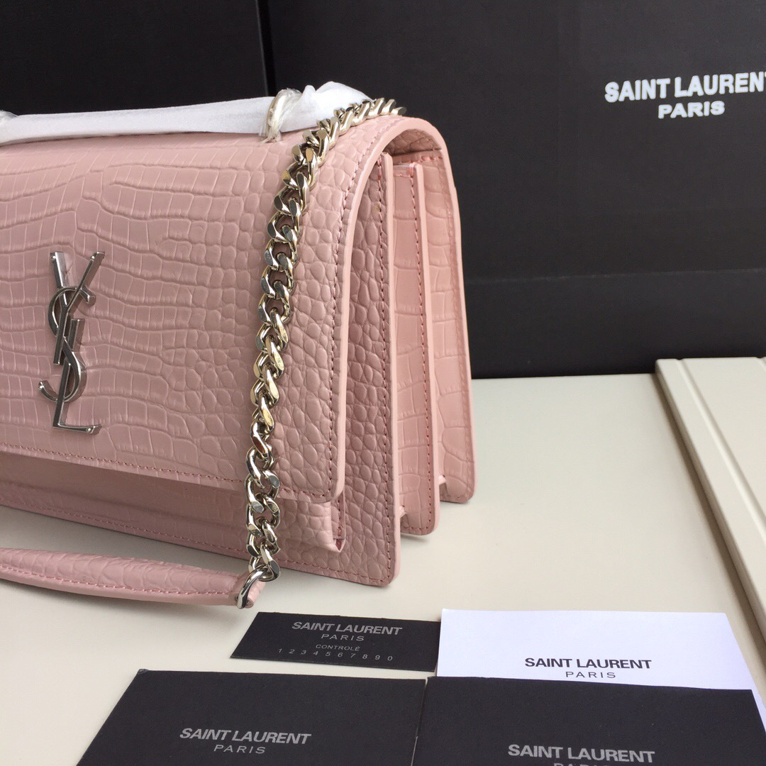 Y51 small crocodile silver chain front flap handbag pink 22*16*8cm