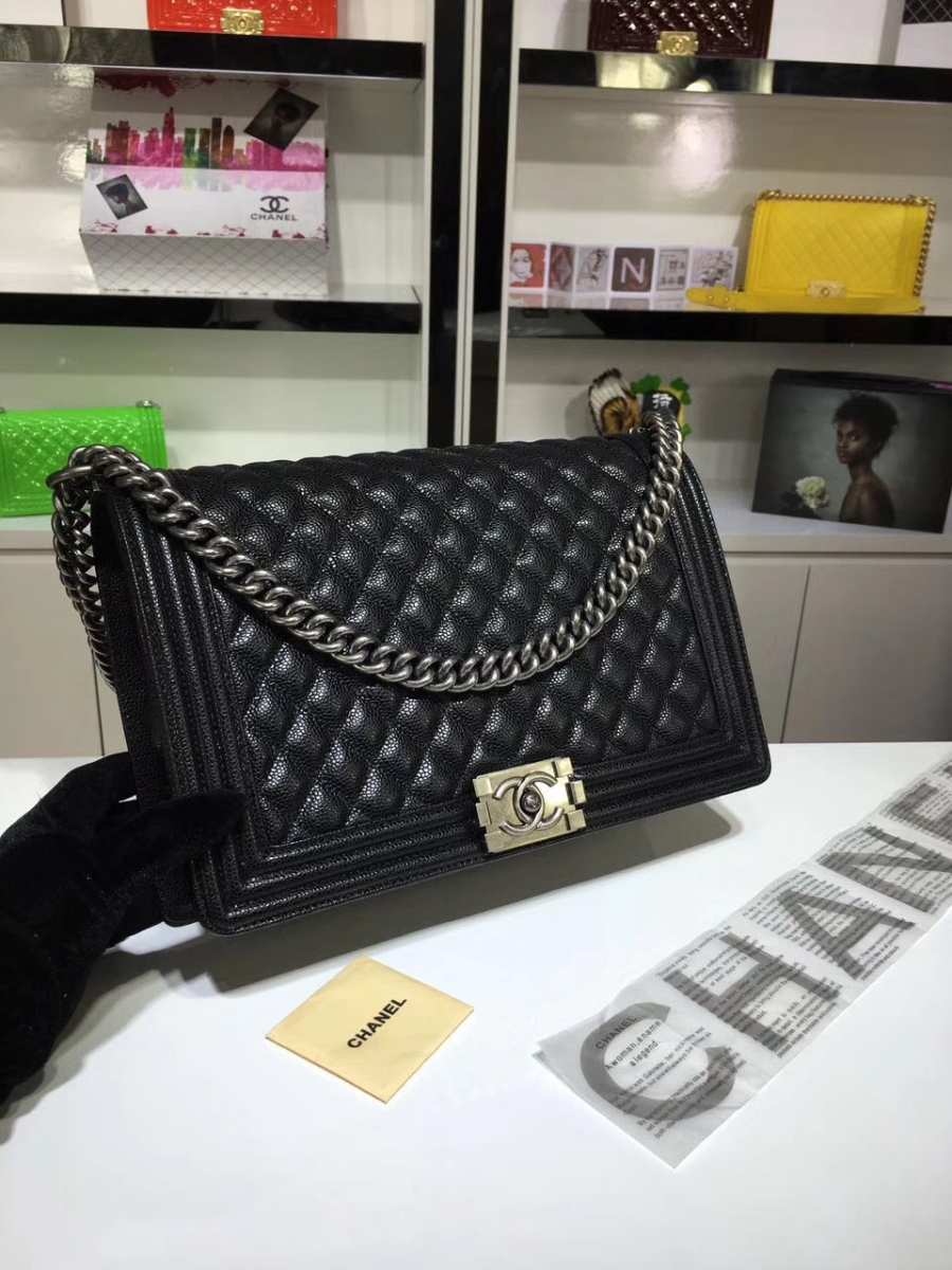 Ch**el large boy bag black caviar leather with silver&gold hardware 30cm