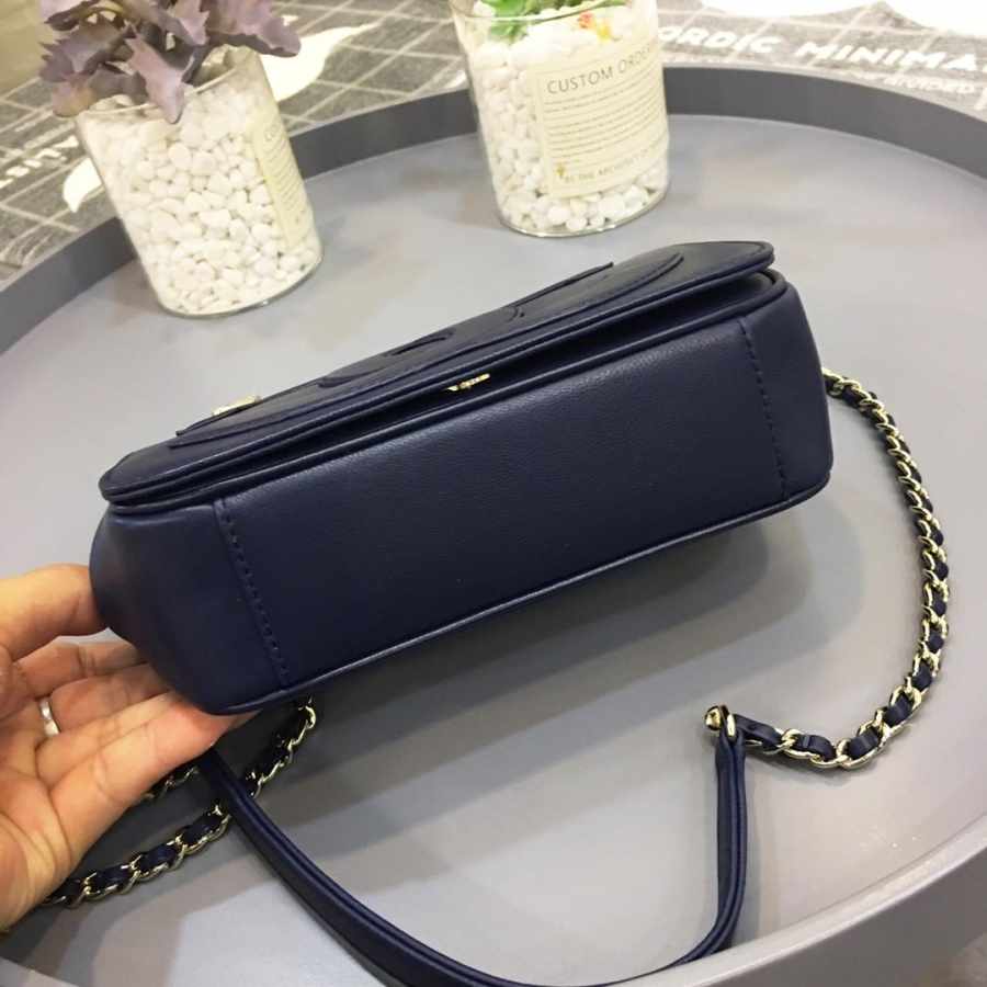 Ch**el new sheepskin small square bag dark blue 18.5x5.5x15cm