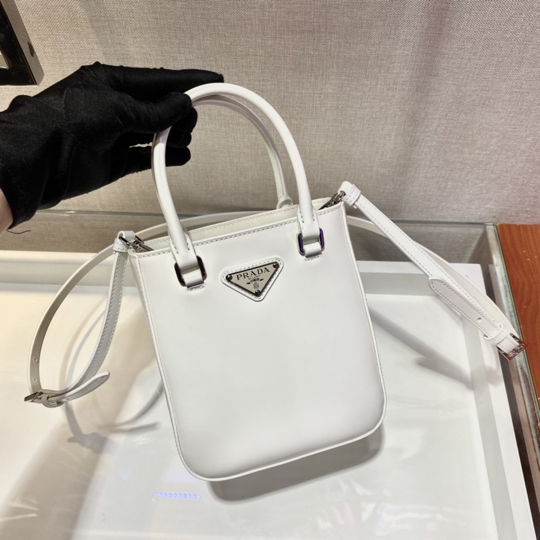 Pra*a small brushed leather tote white 1ba331 15 x 17.5 x 5 cm