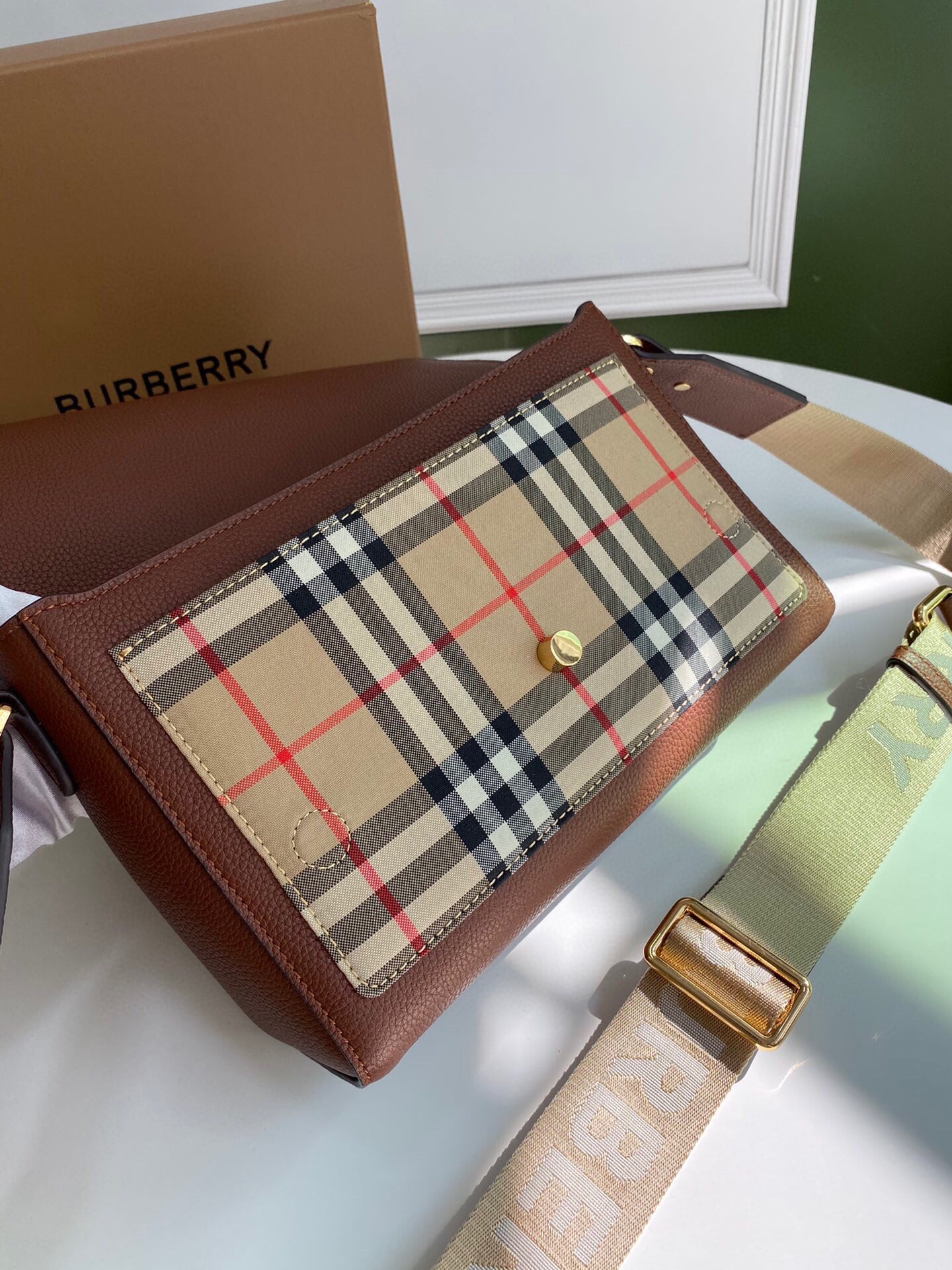 Bv*b*rry leather and vintage check note crossbody bag tan 25 x 8.5 x 18cm