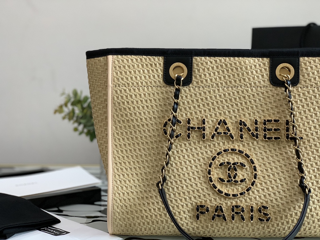 Ch**el large tote straw, calfskin & gold metal beige & black a66941
