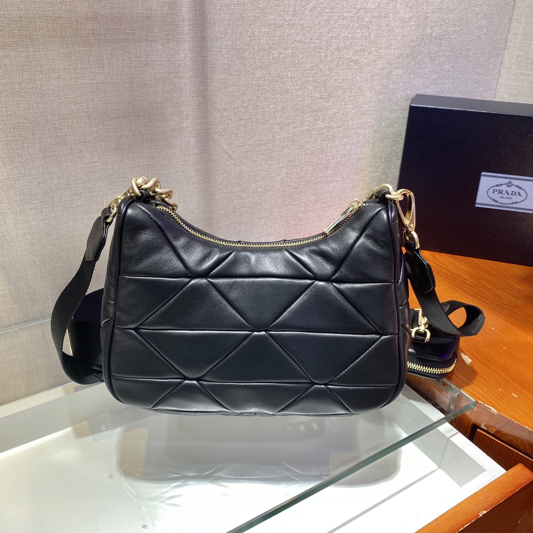 Pra*a system nappa leather patchwork shoulder bag black  1bc157 24 x 18.5 x 9 cm