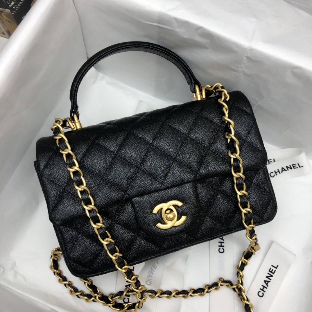 Ch**el mini flap bag with top handle grained calfskin & gold-tone metal black as2431 20 x 14 x 7 cm