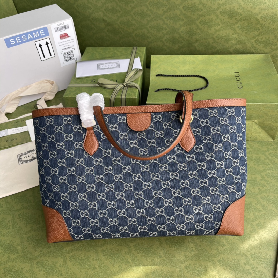Gvc*1 ophidia gg medium tote blue and ivory denim 631685 38 x 28 x 14 cm