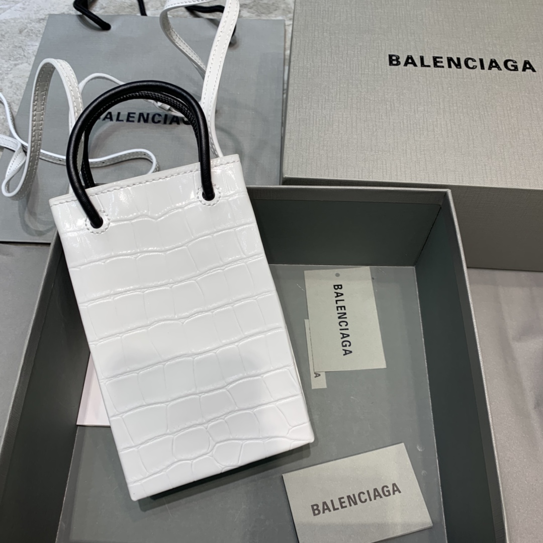 Ba1en*iaga shopping phone holder croc-effect leather bag in white 12 x 4.5 x 18 cm