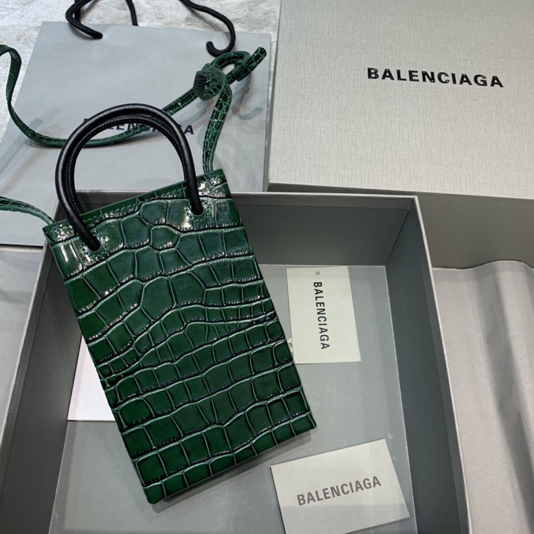 Ba1en*iaga shopping phone holder croc-effect leather bag in green 12 x 4.5 x 18 cm