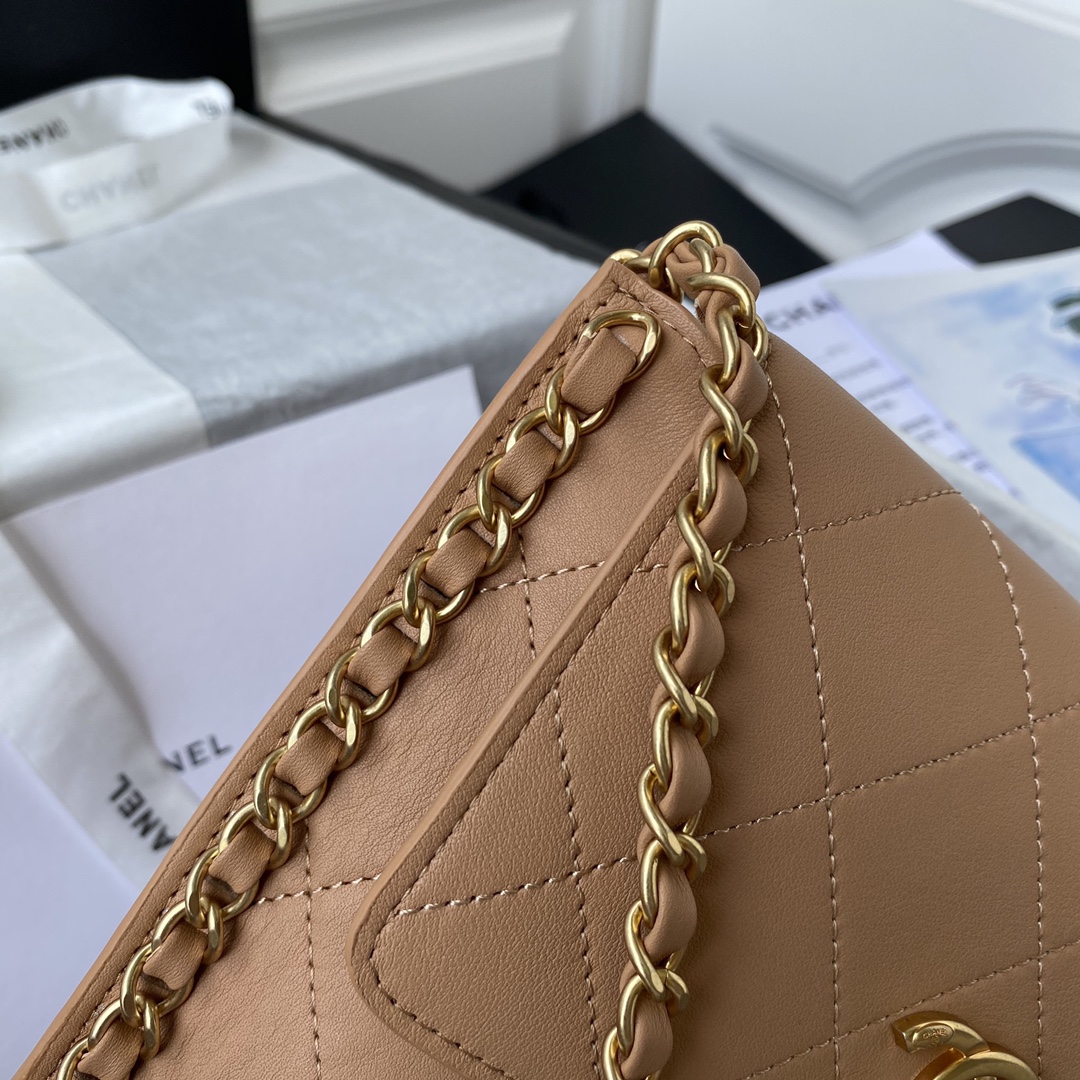 Ch**el small hobo bag calfskin & gold-tone metal beige as2542 19 x 23 x 7 cm
