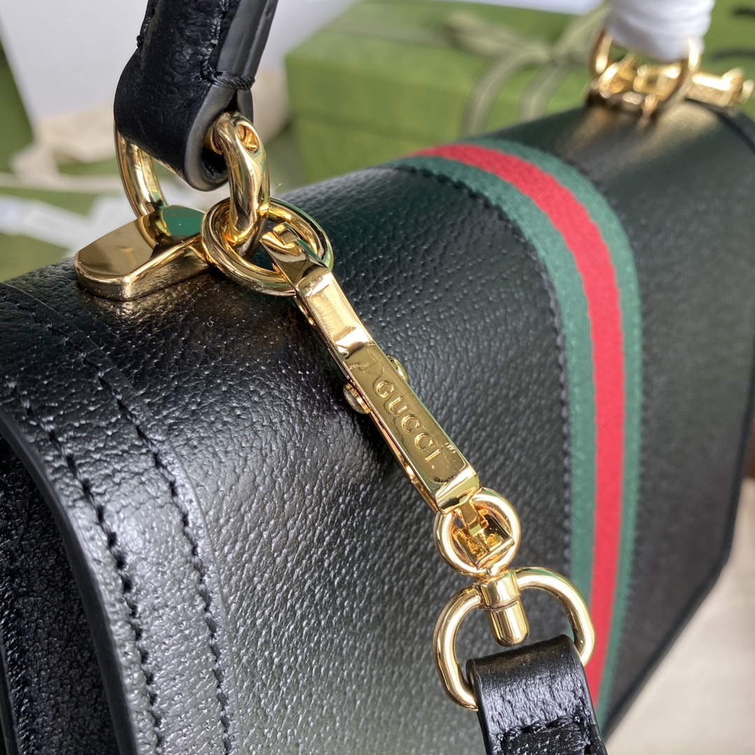 Gvc*1 ophidia small top handle bag with web black leather 651055 25 x 17.5 x 7 cm