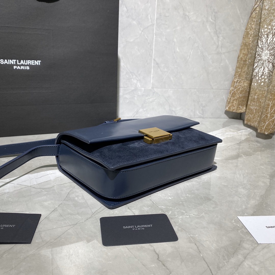 Y51 medium bellechasse in leather and suede blue and golden 482044 24 x 16 x 7 cm