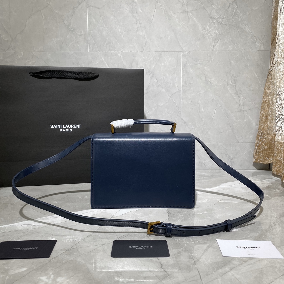 Y51 medium bellechasse in leather blue and golden 482051 22 x 16 x 9 cm
