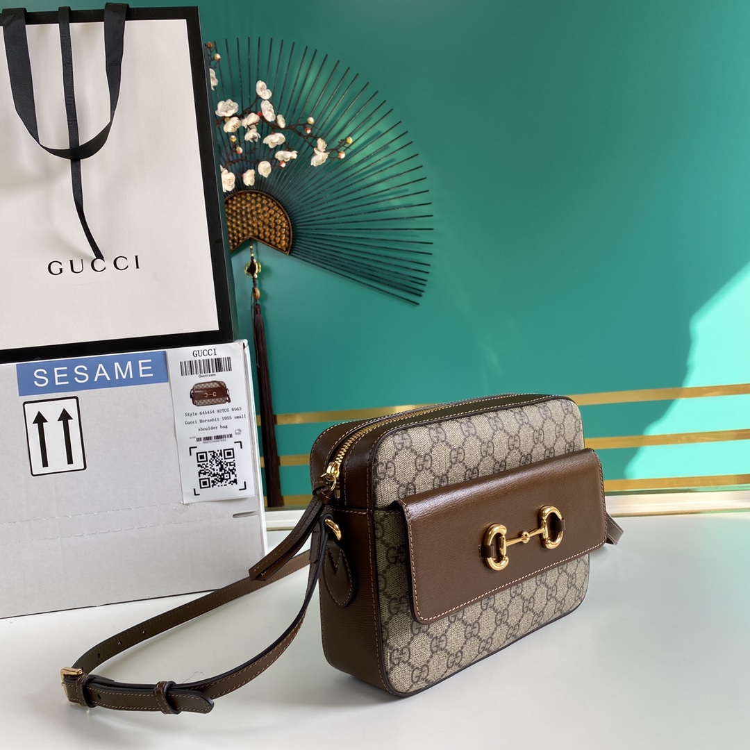 Gvc*1 horsebit 1955 small shoulder bag beige and ebony 645454 22.5 x 17 x 6.5 cm
