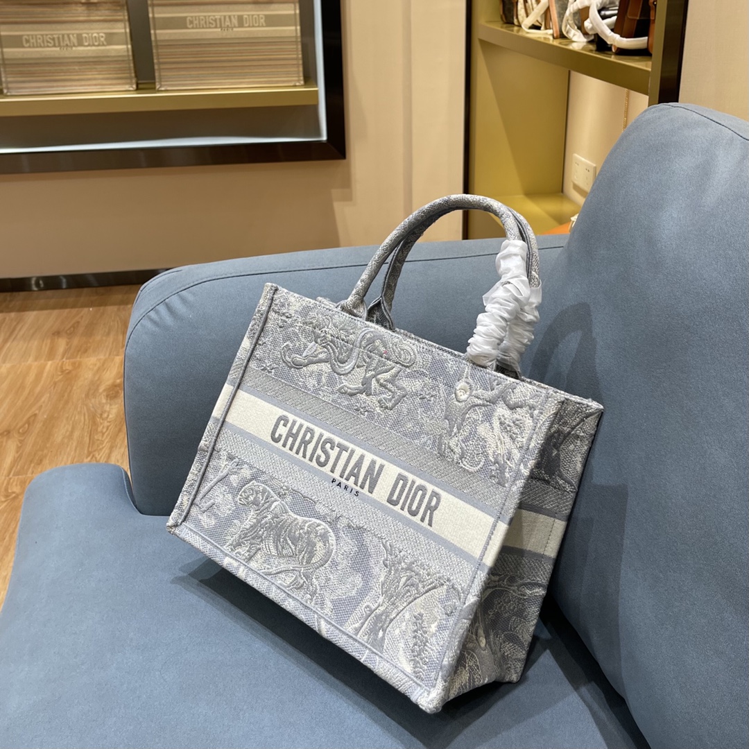 D10r small book tote gray toile de jouy reverse embroidery m1296 36.5 x 28 x 14 cm