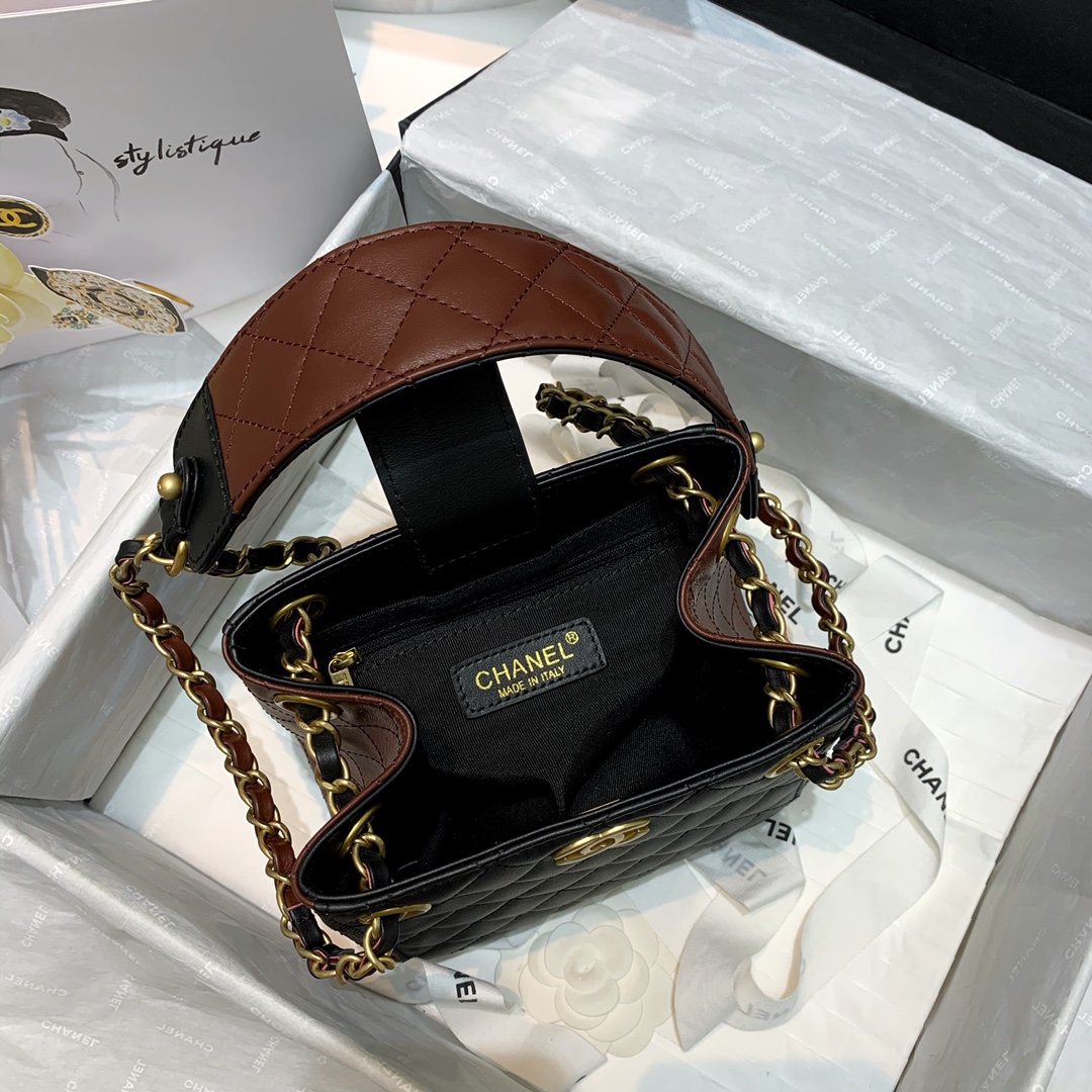 Ch**el strap into bucket bag black and burgundy as2230 15.5 x 15 x 12.5 cm