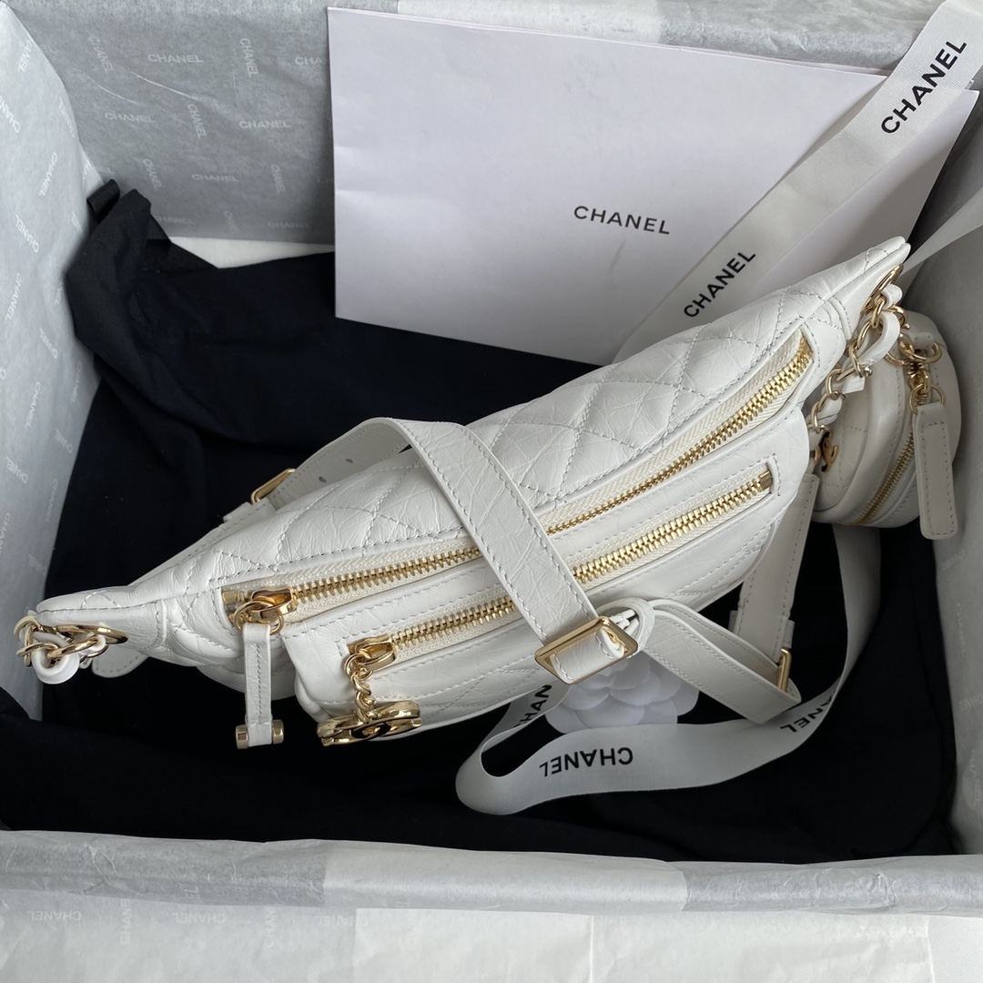 Ch**el aged calfskin waist bag & coin purses white as1077 34 x 15 x 6 cm