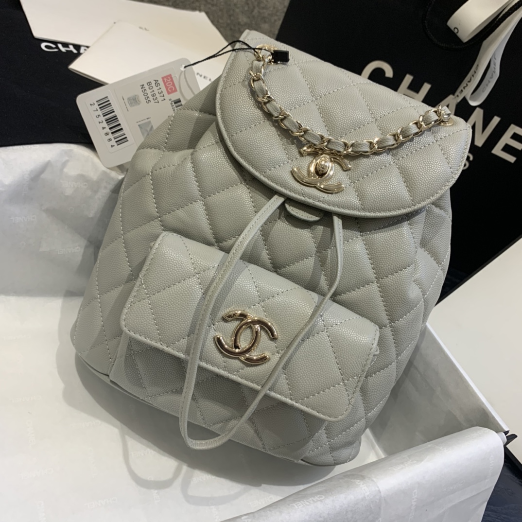Ch**el backpack grained calfskin grey as1371 21.5 x 24 x 12 cm