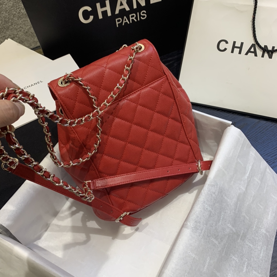 Ch**el backpack grained calfskin red as1371 21.5 x 24 x 12 cm