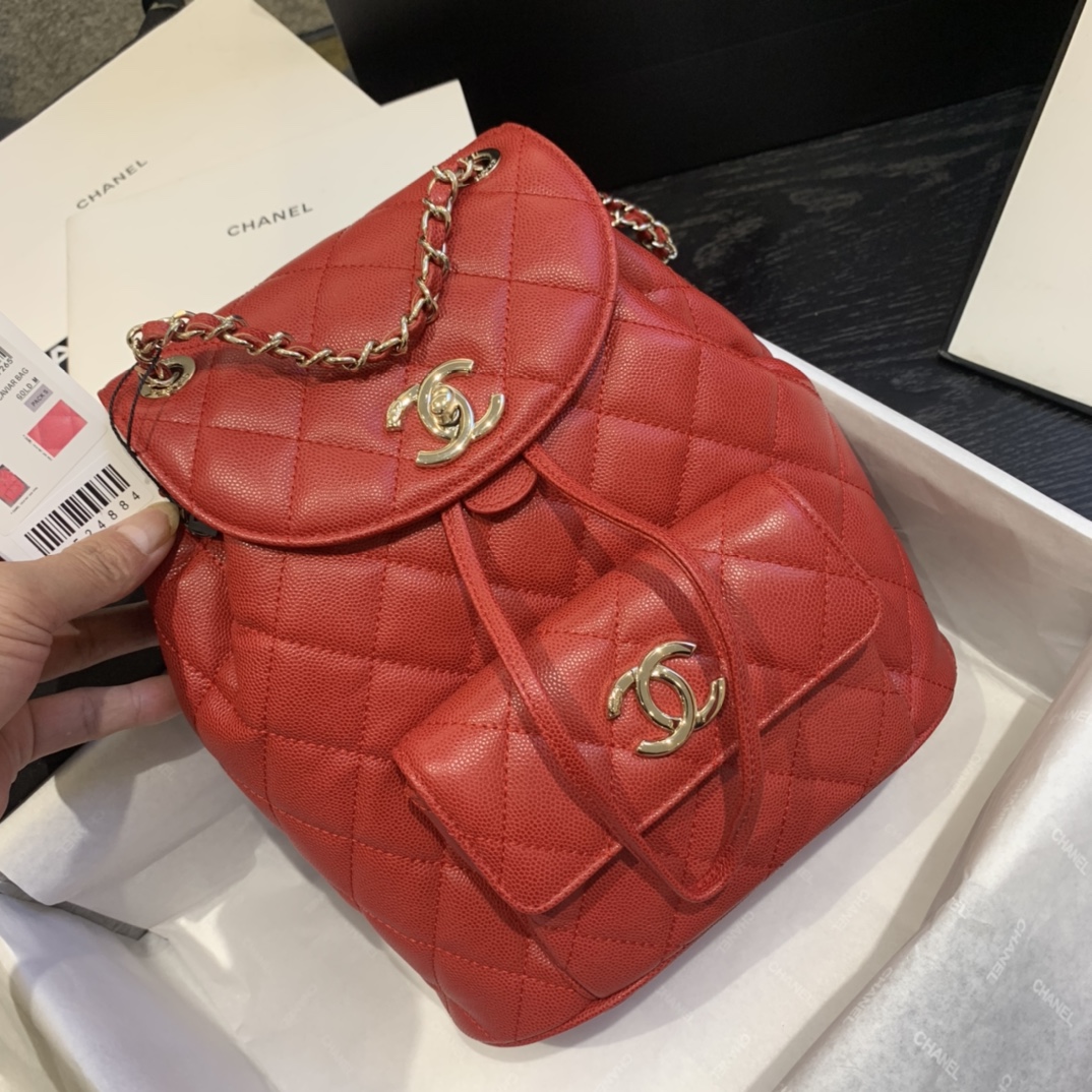Ch**el backpack grained calfskin red as1371 21.5 x 24 x 12 cm