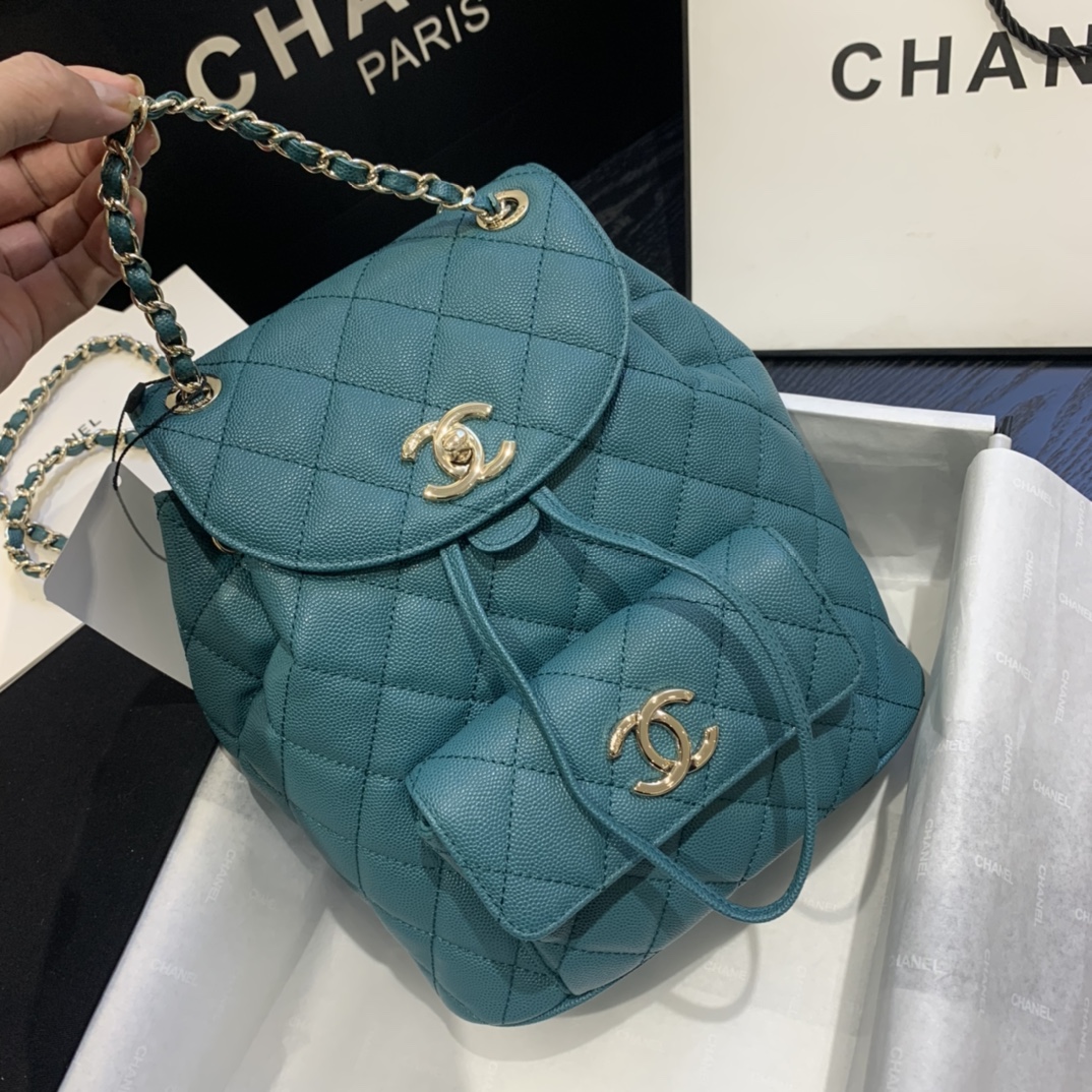 Ch**el backpack grained calfskin light blue as1371 21.5 x 24 x 12 cm