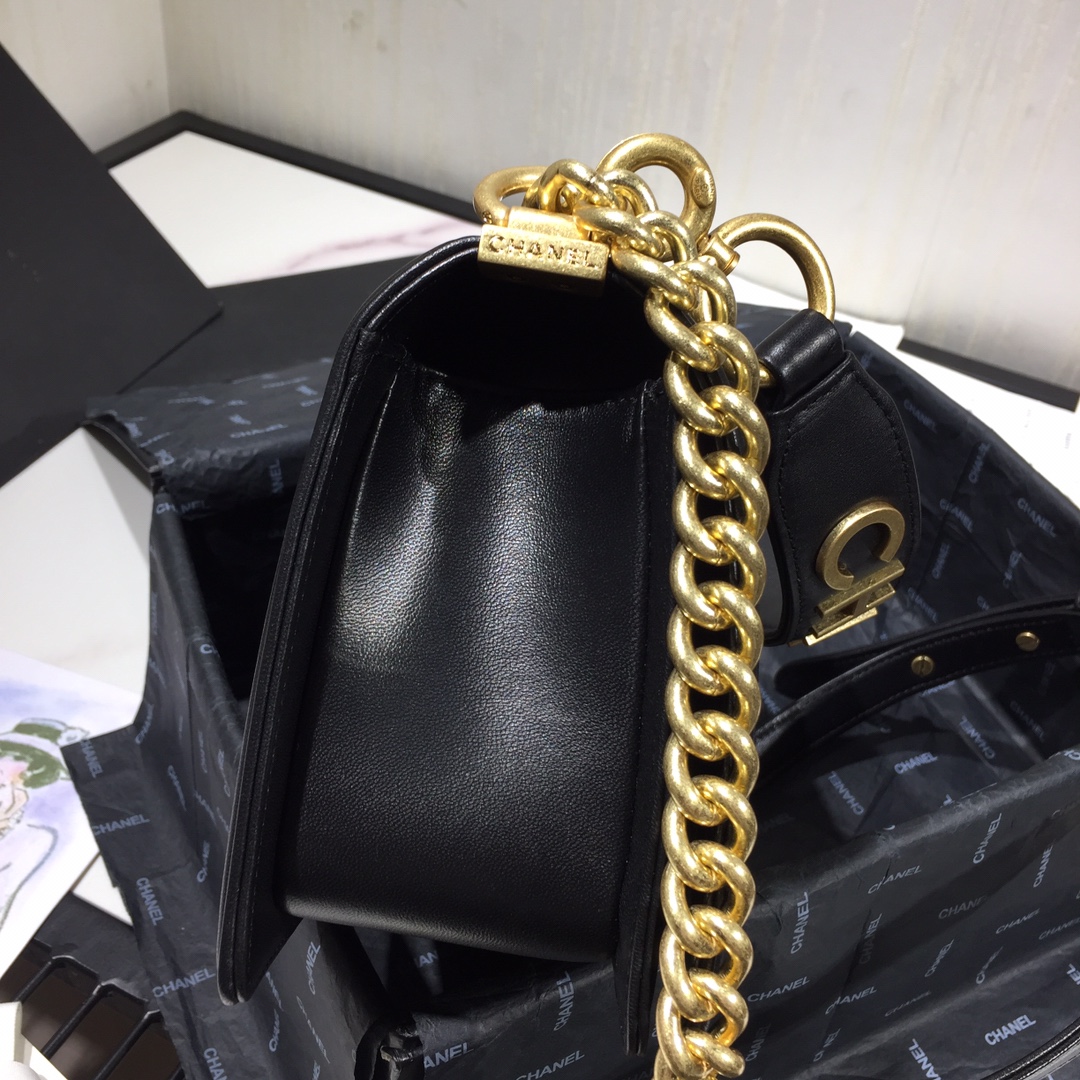Ch**el small original lambskin leather boy flap bag black 25 cm
