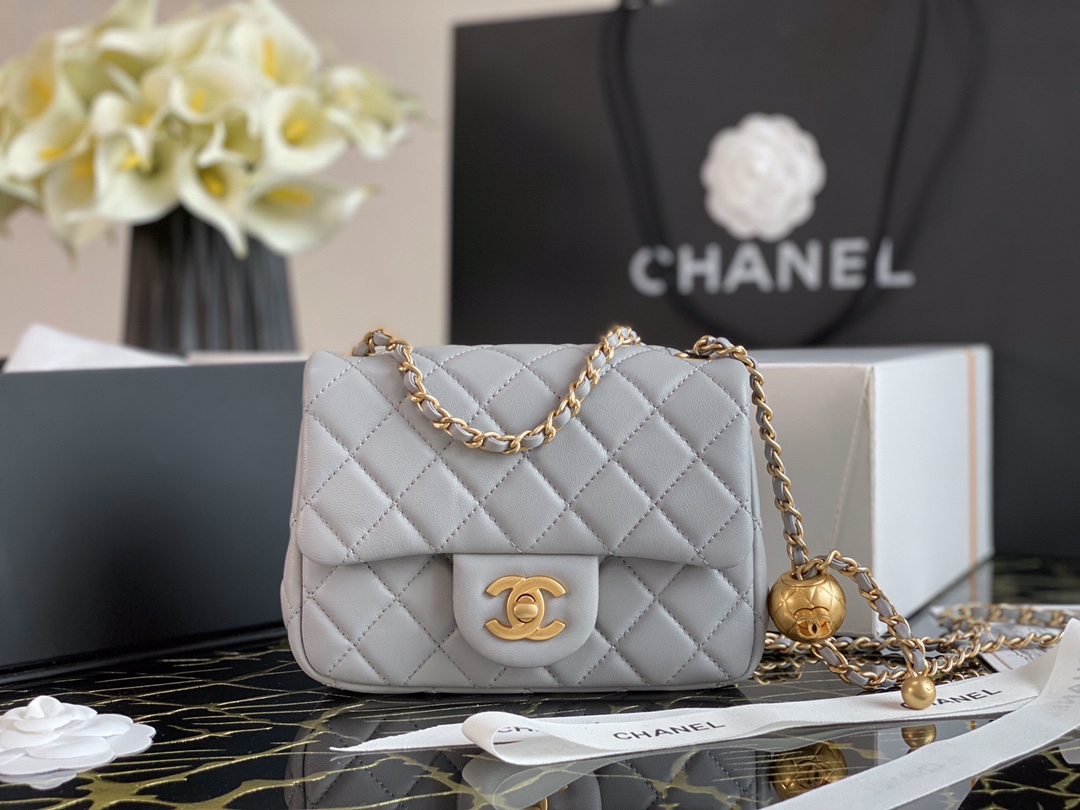 Ch**el small charm strap flap bag lambskin grey as1786 13 x 18 x 7 cm