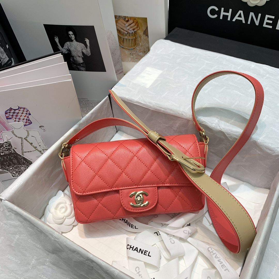 Ch**el calfskin flap bag coral as2273 20cm