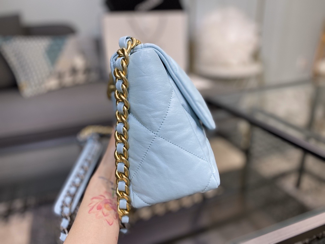Ch**el large 19 handbag lambskin blue as1161 30cm