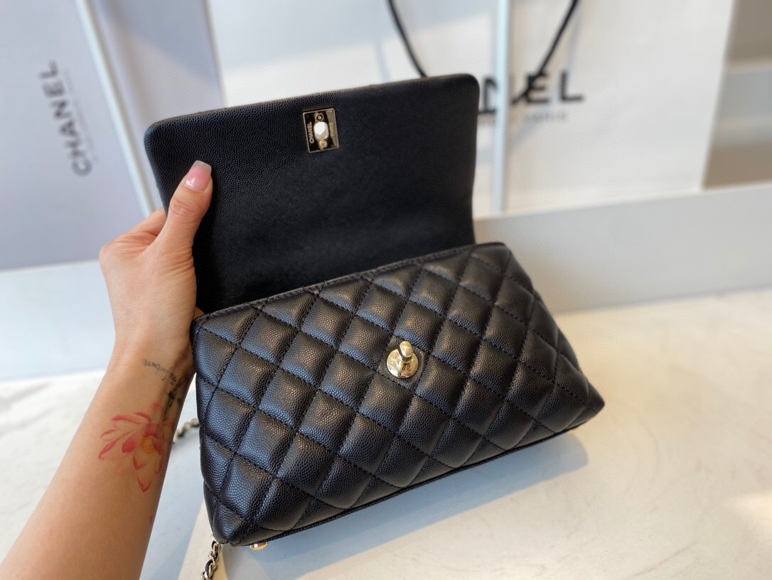 Ch**el mini coco handle bag grained leather black a92990 23 cm
