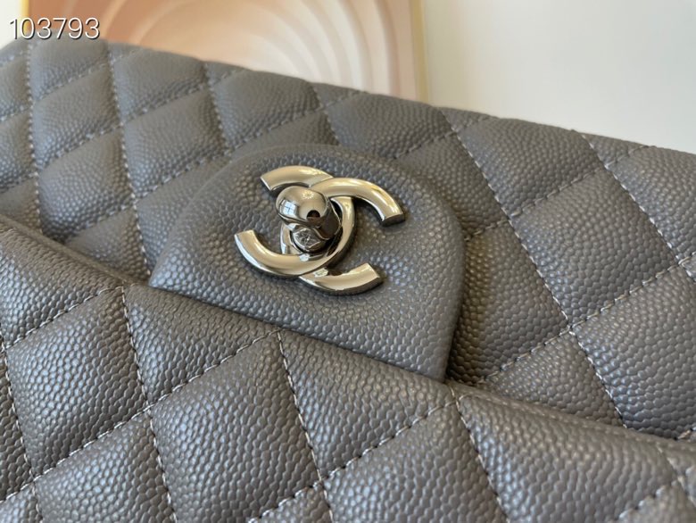 Ch**el classic flap bag grey caviar leather sliver chain a01112 25.5cm