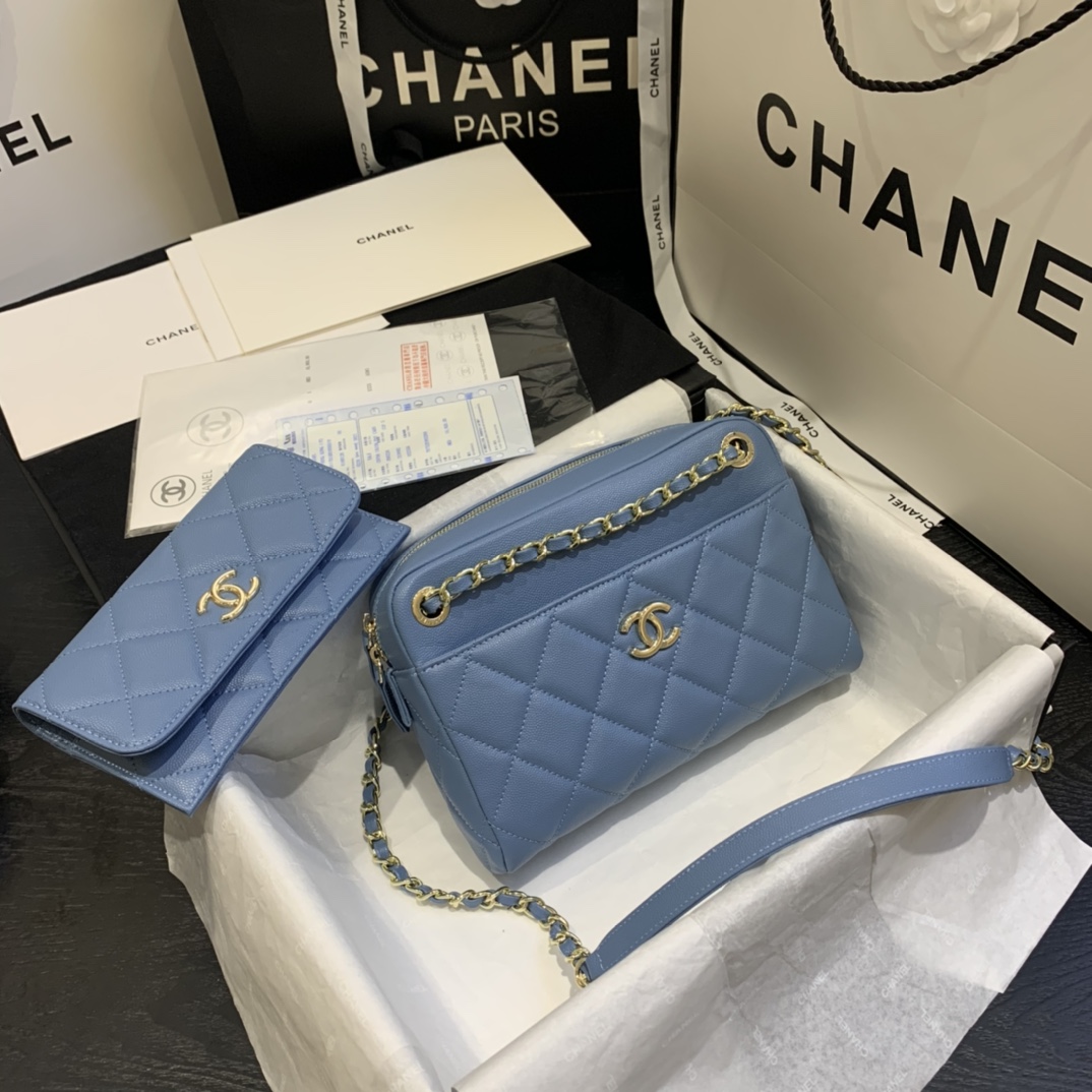 Ch**el camera case with extra clutch grained leather blue as1367 22 x 15 x 6 cm