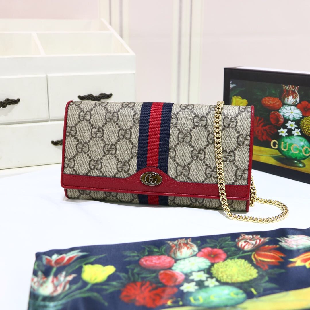 Gvc*1 ophidia gg chain wallet ebony gg svp*me canvas and red 546592 19 x 10 x  3.5 cm