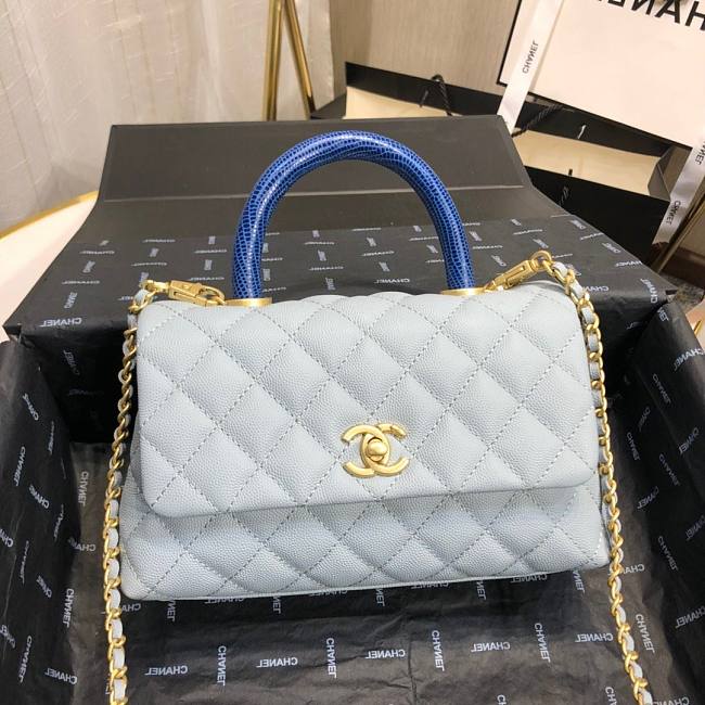 Ch**el mini coco grained calfskin with handle light blue a92990 23.5 x 13.75 x 9.75 cm