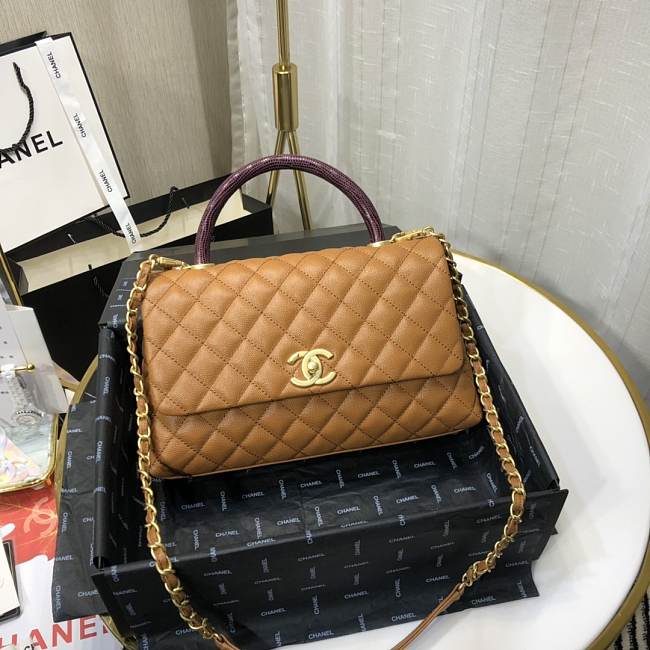 Ch**el small coco grained calfskin with top handle flap bag caramel a92991 28.5 x 18.25 x 11.75 cm