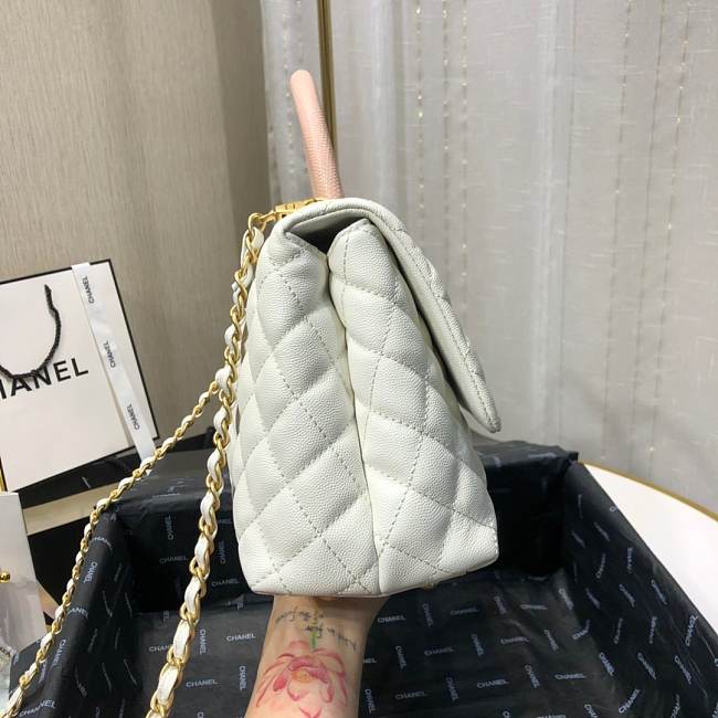 Ch**el small coco grained calfskin with top handle flap bag white a92991 28.5 x 18.25 x 11.75 cm